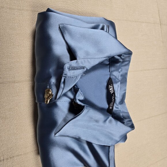 Zara Women Satin Blouse Shirt Blue Gold Button Size Medium NWOT 2138/748/431 - Picture 13 of 13